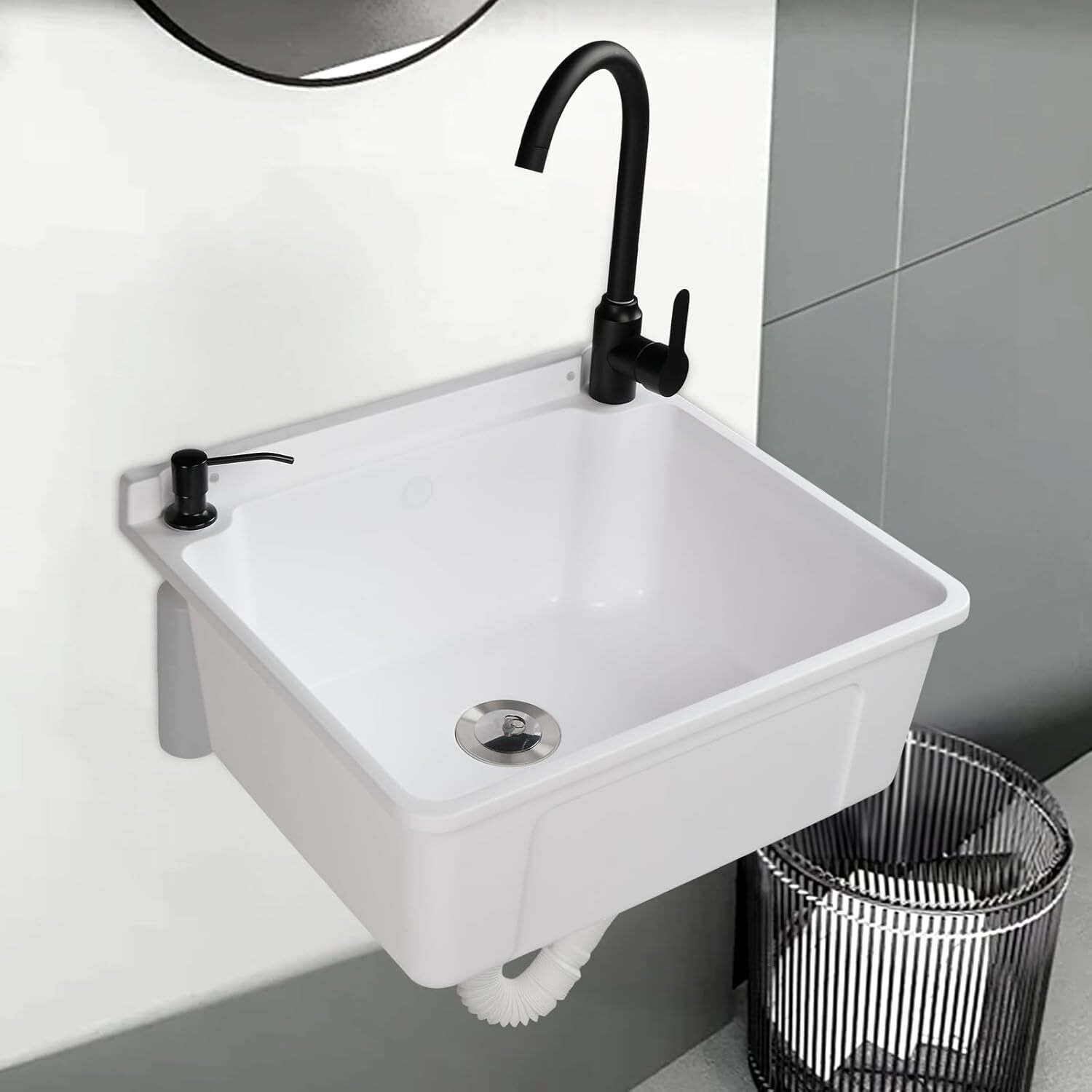 Plastic Wall-Mounted Utility Sink, Wall-Mounted Utility Tub with Hot&Cold Faucet