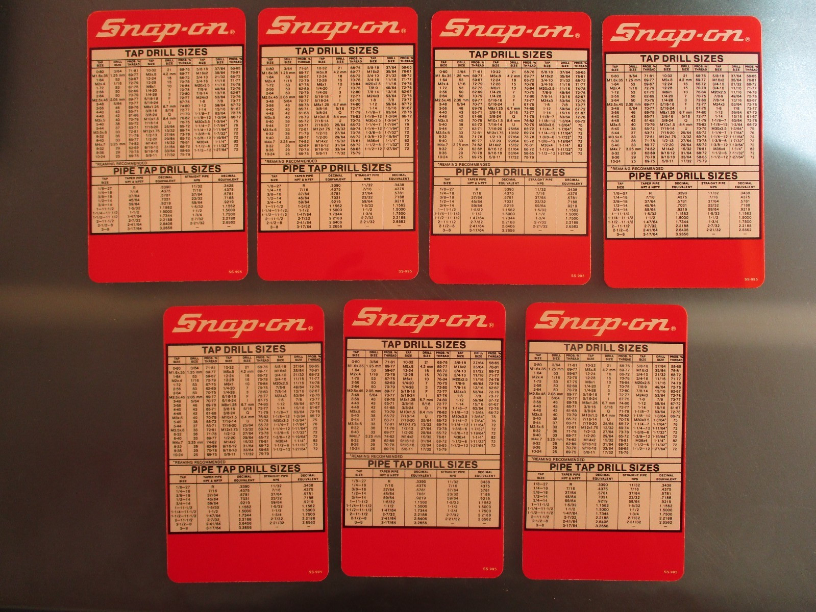 VINTAGE Snap On Tools DECIMAL EQUIVALENT & TAP DRILL SIZES CHART SS-995 - each