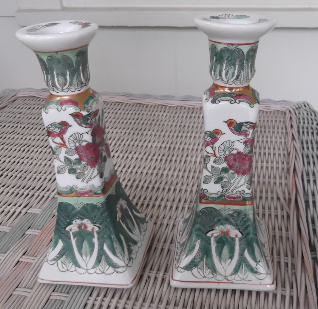 Pair of Vintage WBI China Incised Bok Choy & Birds 8-1/2" Ceramic Candlesticks