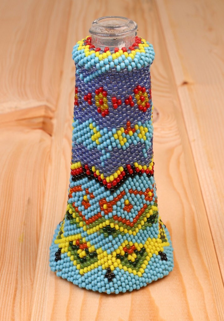 Paiute Beaded Glass / Basket / Bead-Covered Jar with Blue Field, Diamond Motif