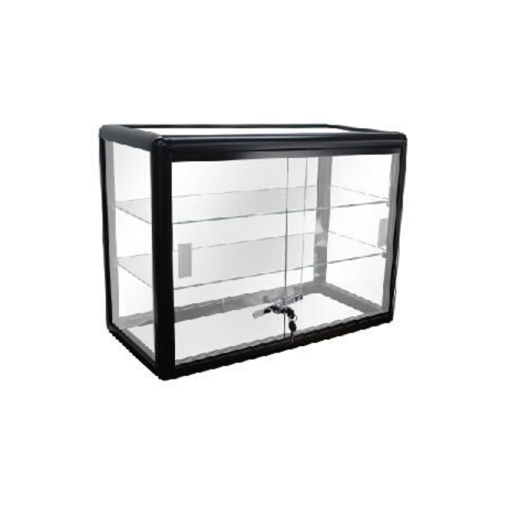 Black Aluminum Glass Counter Top Display Showcase with Locking Doors and Shelves