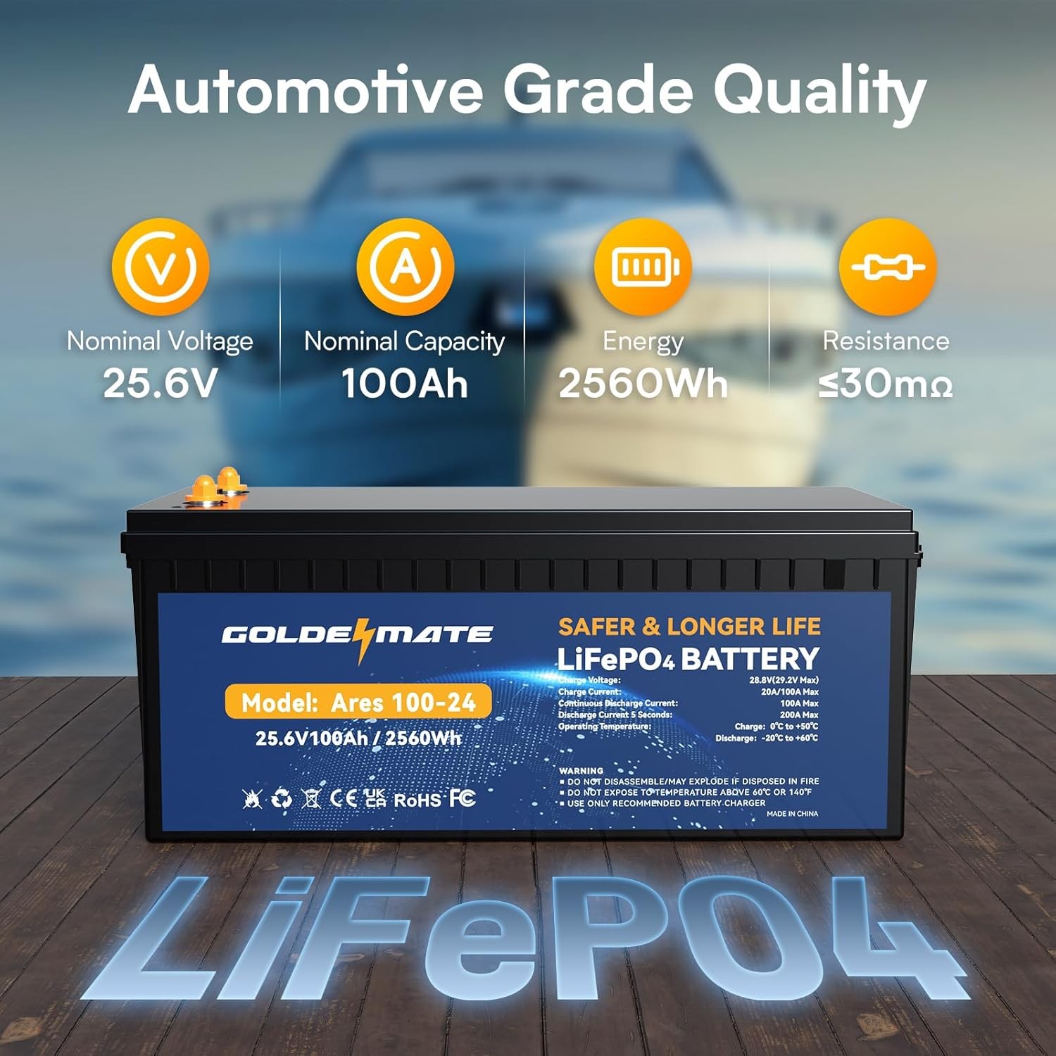 Goldenmate 24V 100Ah LiFePO4 Deep Cycle Battery with Smart BMS for Solar RV Home