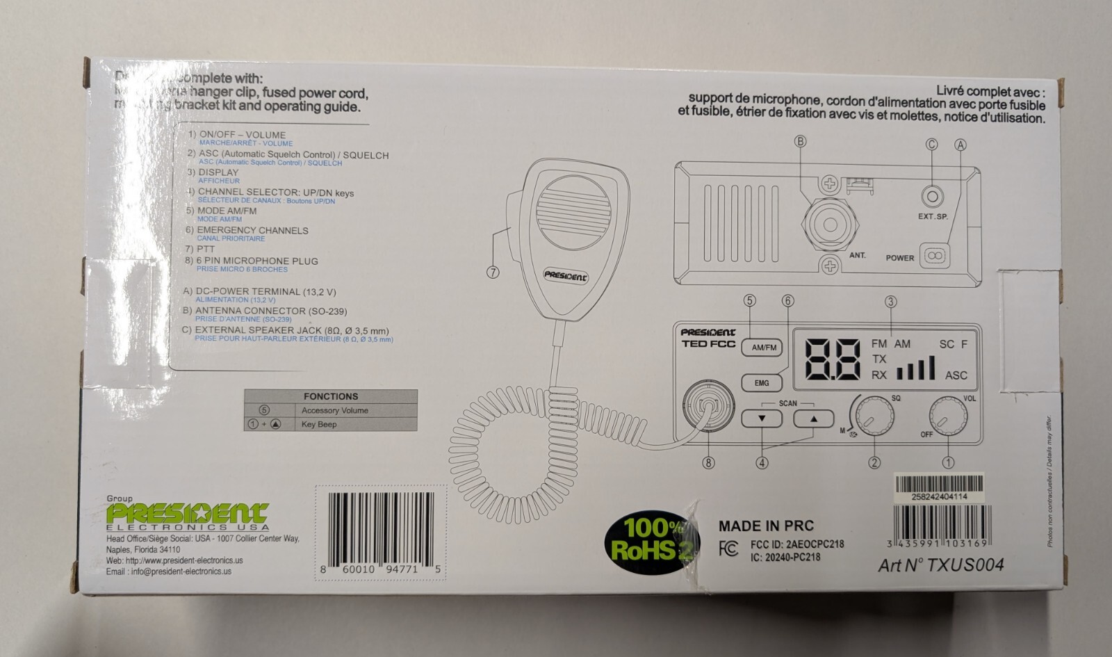 President Ted FCC 40 Channel AM/FM CB Radio 12V with 2 EMG Emergency Channels