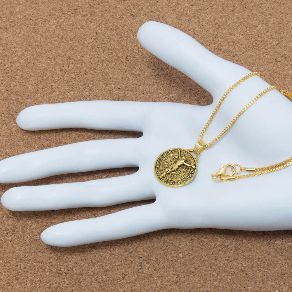 Gold Jesus Crucifix Saint St Benedict Medal Cross Pendant Necklace 24" Box Chain