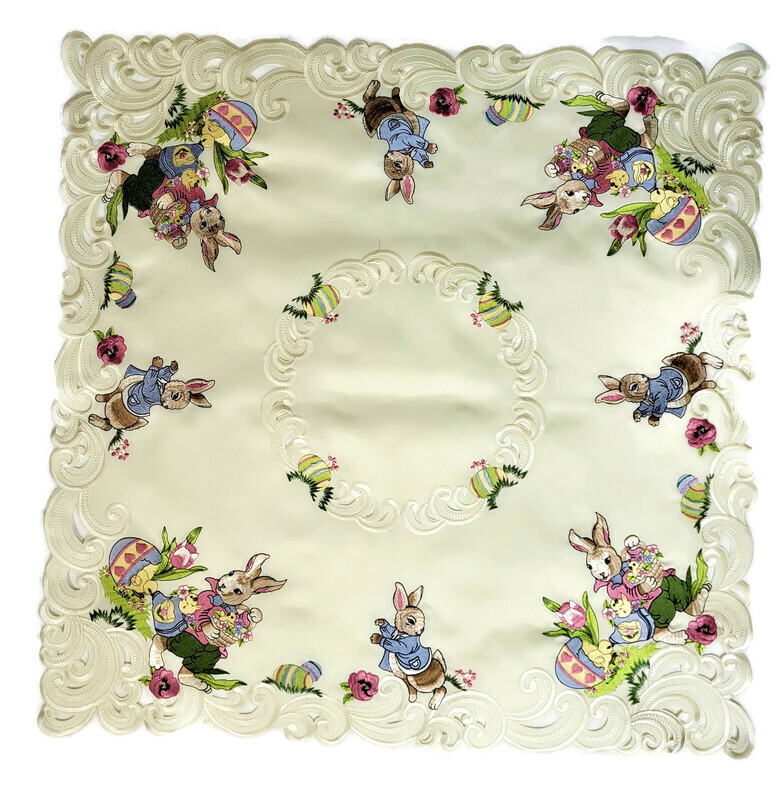 Doily Boutique Table Runner, Doily, Mantel Scarf with Easter Bunny on Ivory