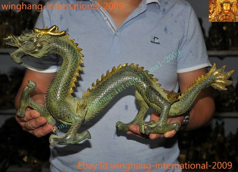 Old Chinese China Feng Shui Bronze Gilt lucky wealth zodiac animal Dragon statue