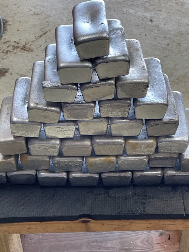 30 lbs Hand Poured Aluminum Ingots, almost full med. flat rate box, for casting