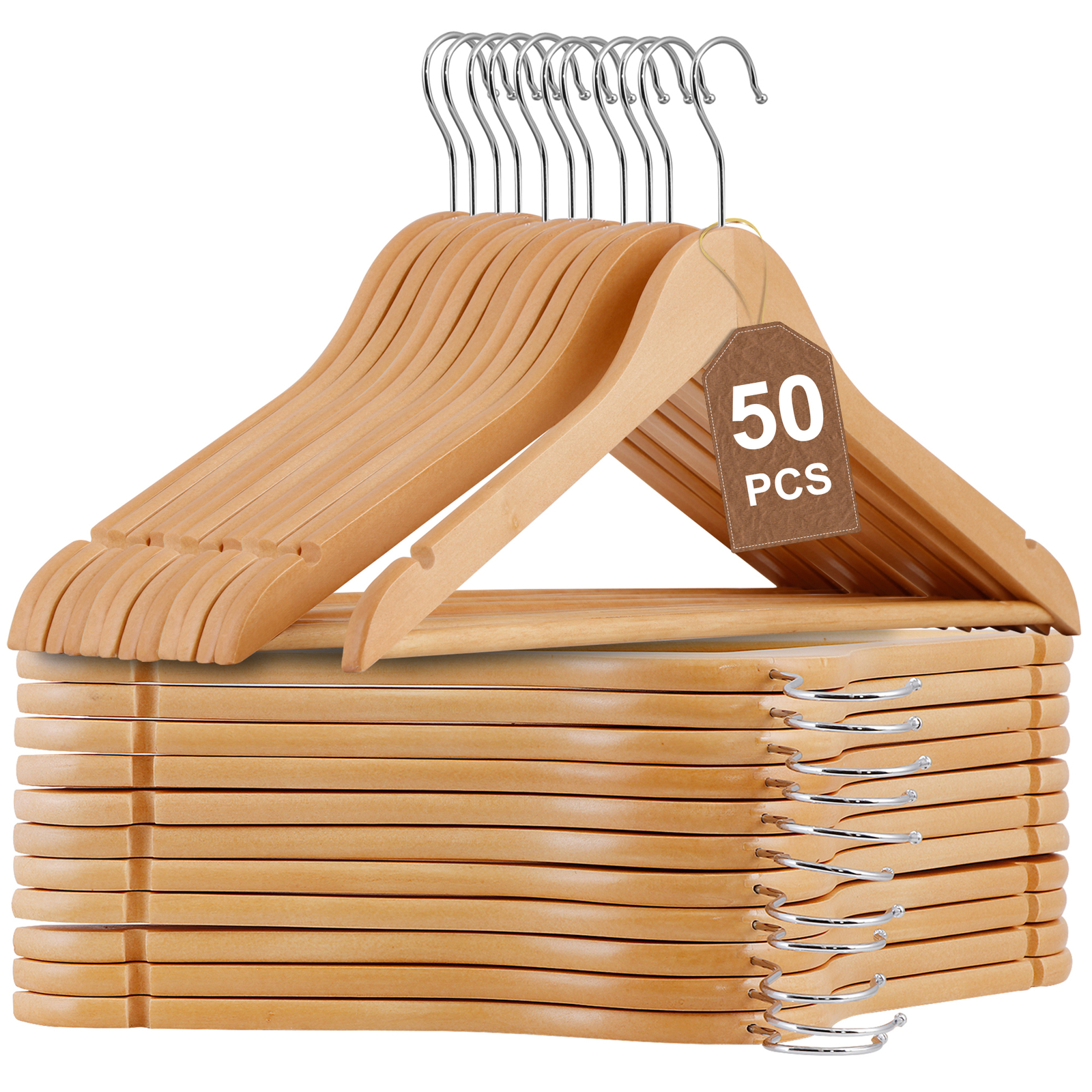 Premium Wooden Hangers 50 Pack Non-Slip Coat Clothes Hangers w/360° Swivel Hook