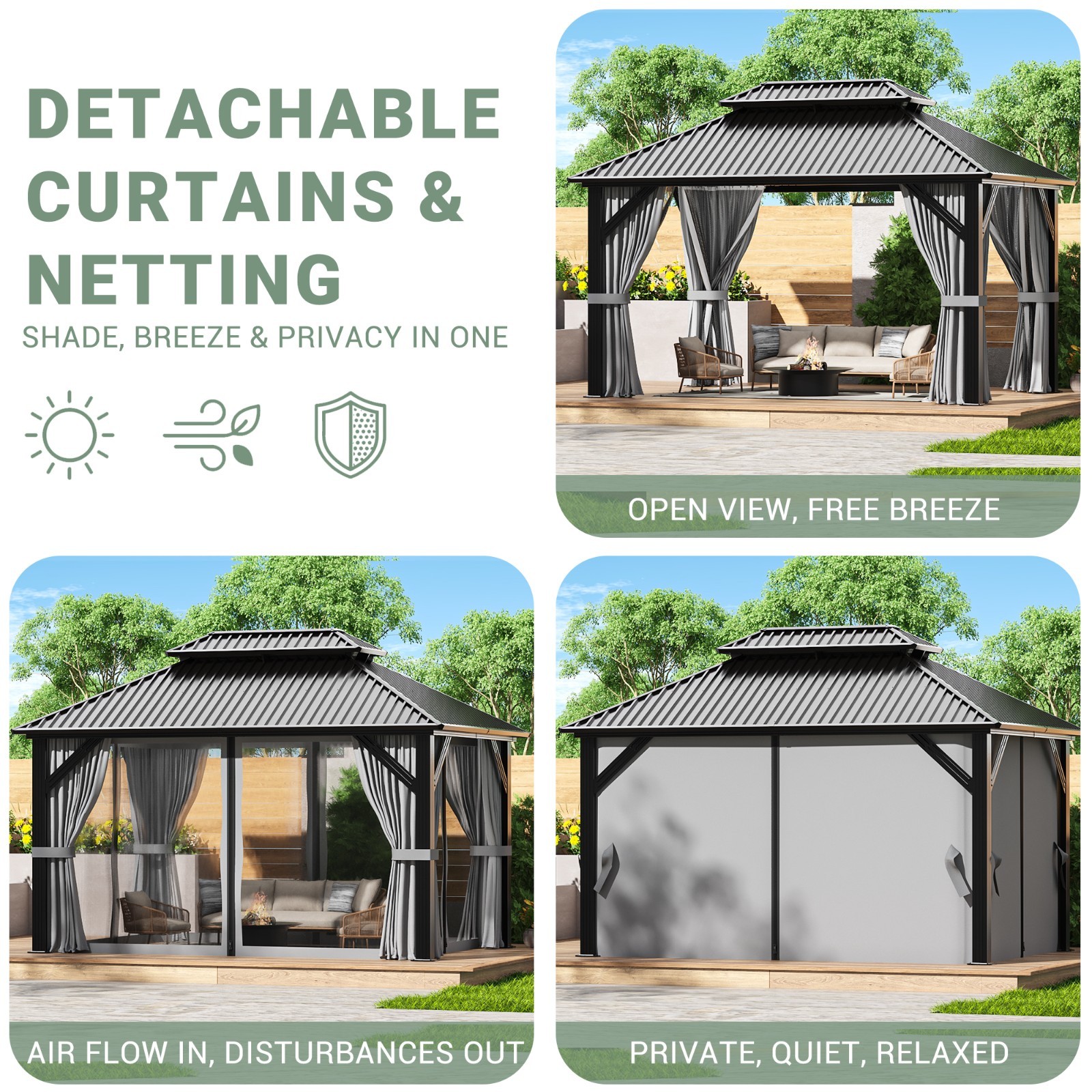 10 x 12 ft Hardtop Gazebo Steel Double Roof with Curtains