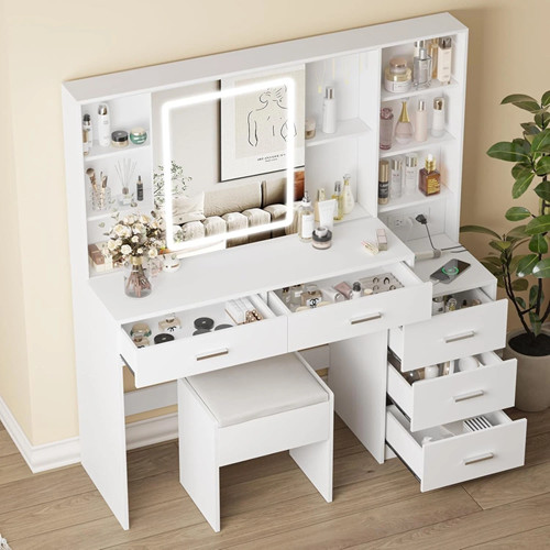 Vanity Desk Mirror Lights Makeup Vanity With 5 Drawers Makeup Desk Charging