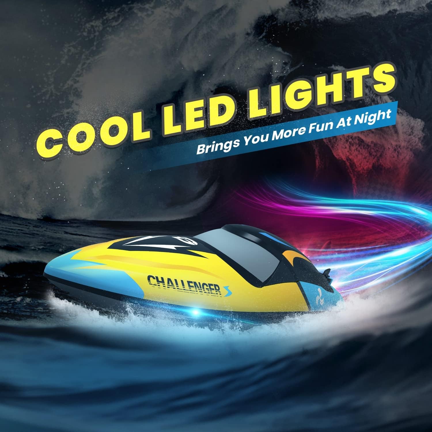 DEERC 2.4GHz RC Boat with LED Lights and Anti Capsize Design