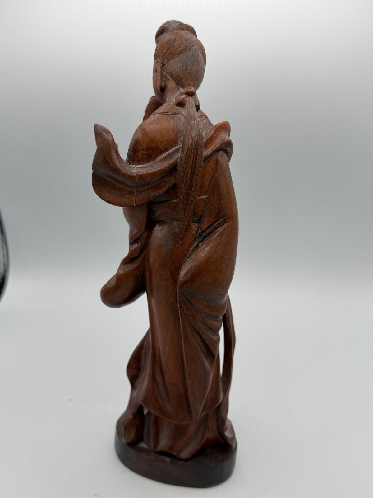Vintage Hand Carved Wood Geisha Figurine Woman With Fan Asian Statue 9”