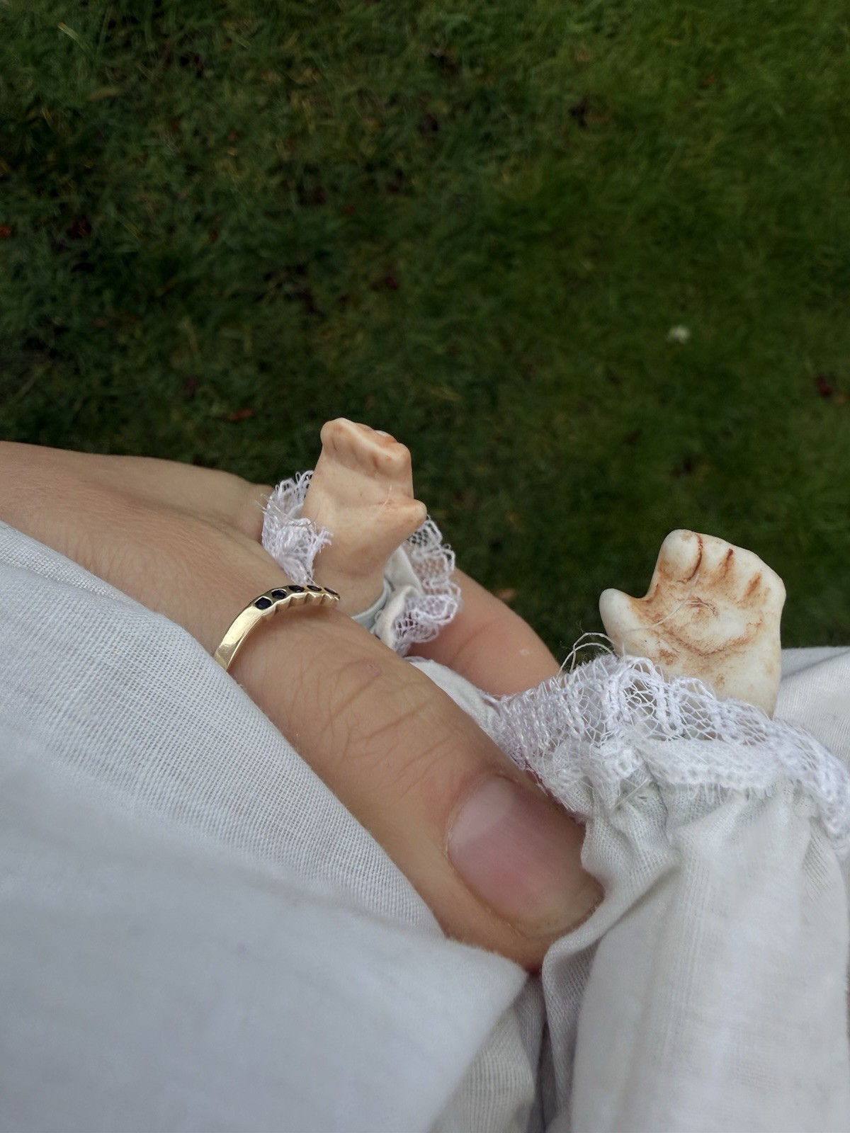 Vintage 13” Three Faced Bisque Porcelain Doll With Bonnet Triple Head Taiwan