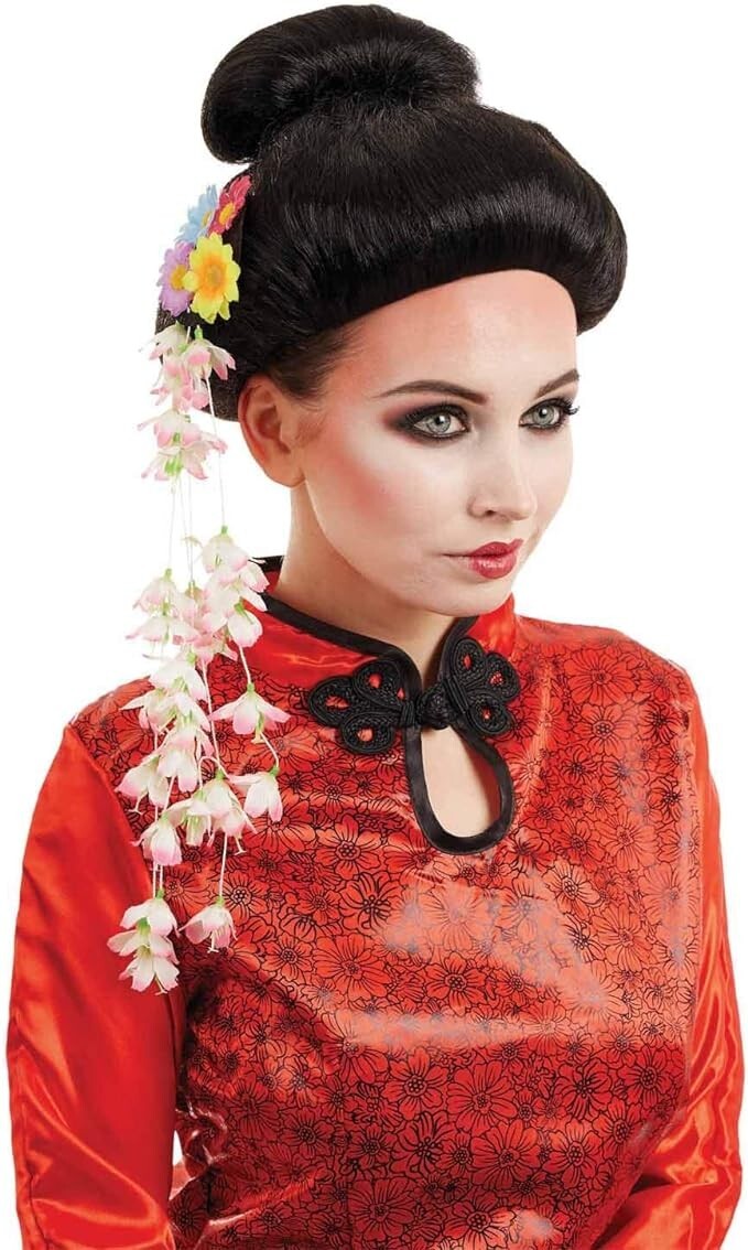 Women`s Black Geisha Wig Flowers for Adult Japanese Oriental Costume Halloween