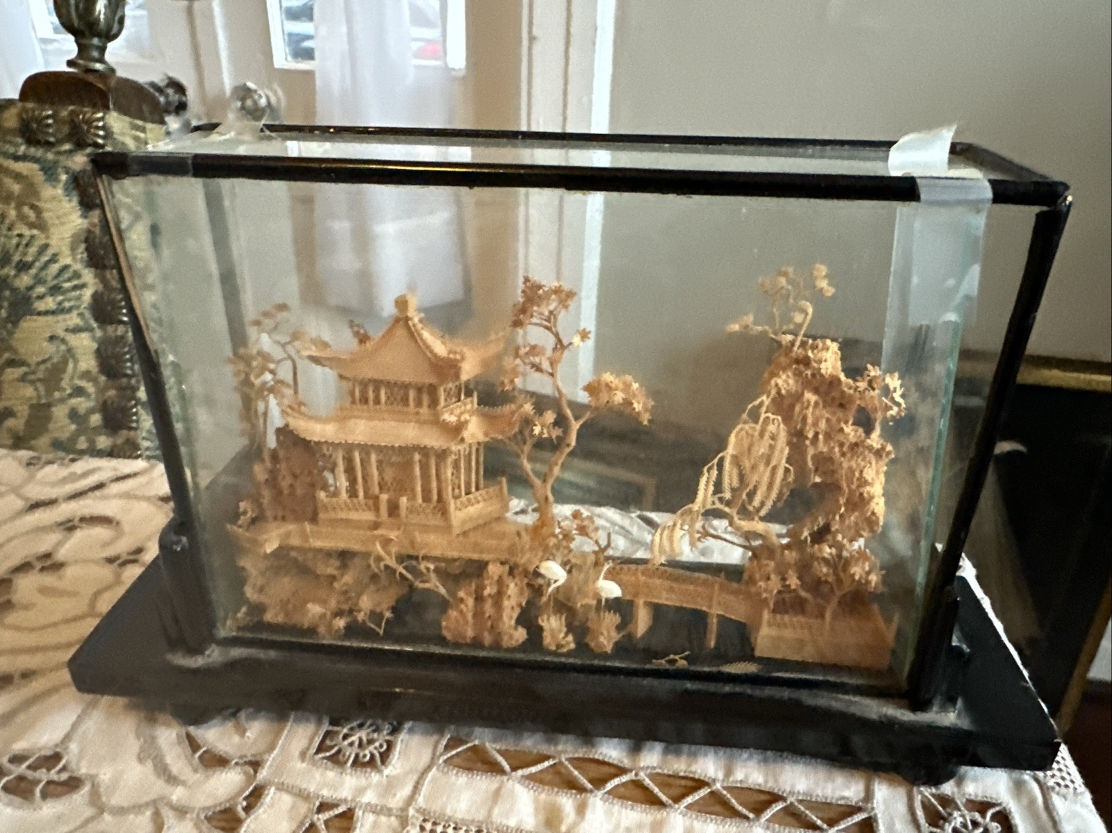 VTG Fujian Chinese Art Sculpture Diorama Cork Wood Carving Trees Crane Pagoda