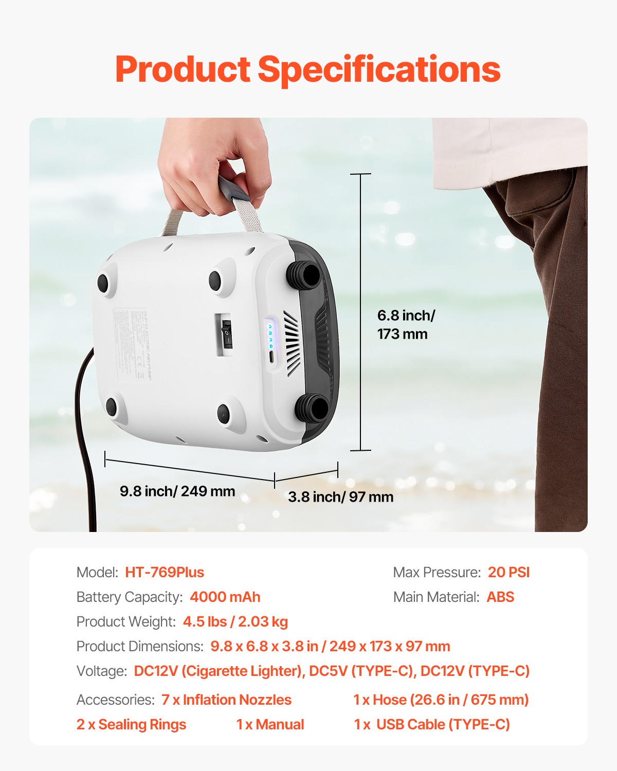 VEVOR Paddle Board Pump Rechargeable Battery-Powered 20PSI Dual Stage SUP Air