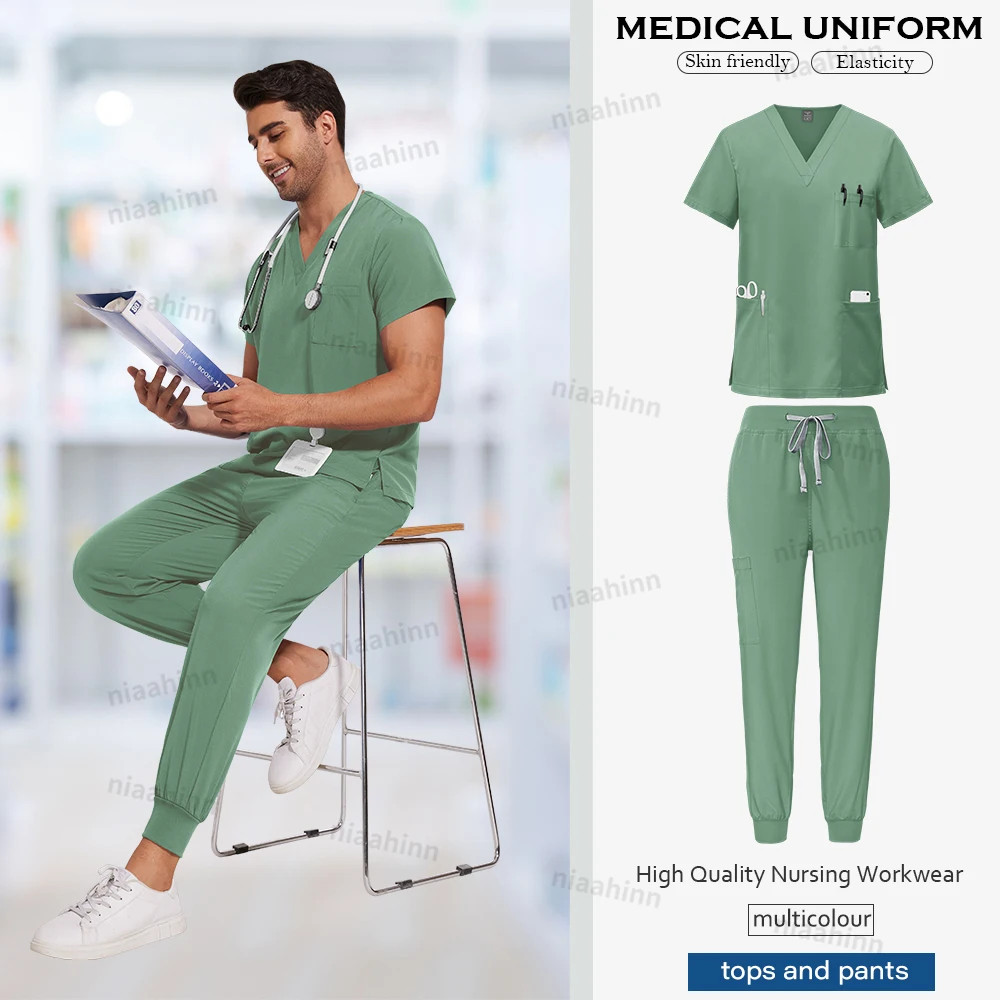 Medical Scrubs Set for Men Jogger Pants Top V-Neck Nursing Uniform with Pockets