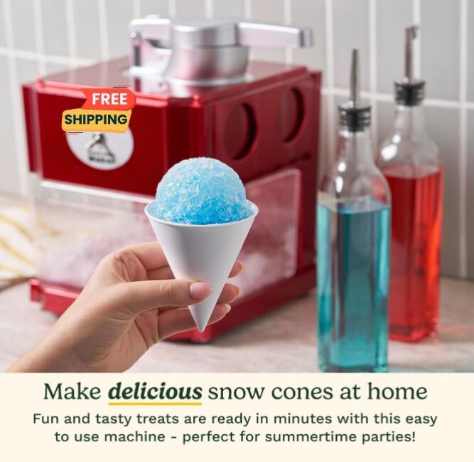 Snow Cone Machine, Home Shaved Ice Maker, Makes 5 Icy Cones for Slushies, Red