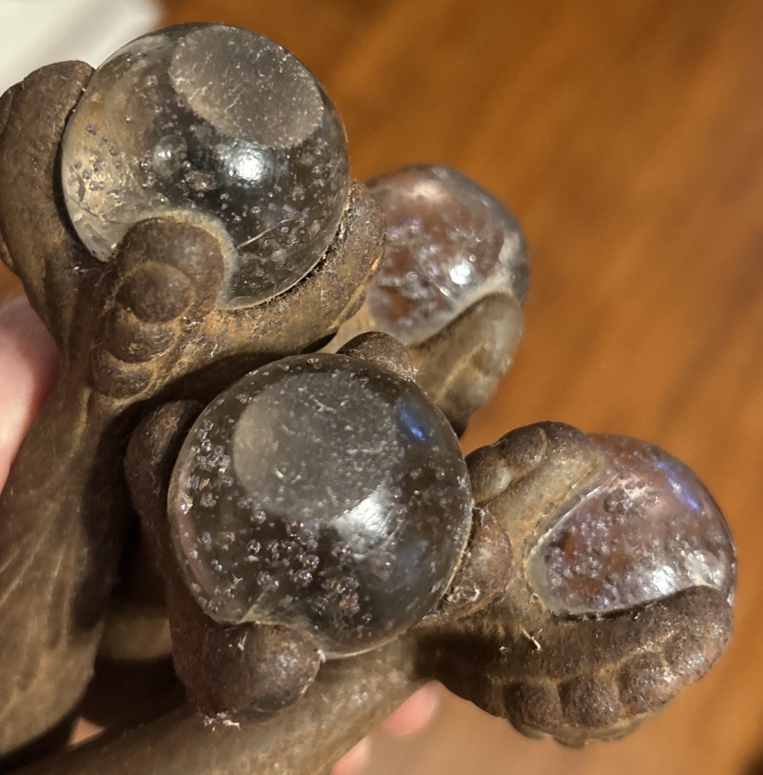 Set of 4 Vintage Art Deco Cast Iron Glass Claws and Ball Furniture Feet Casters