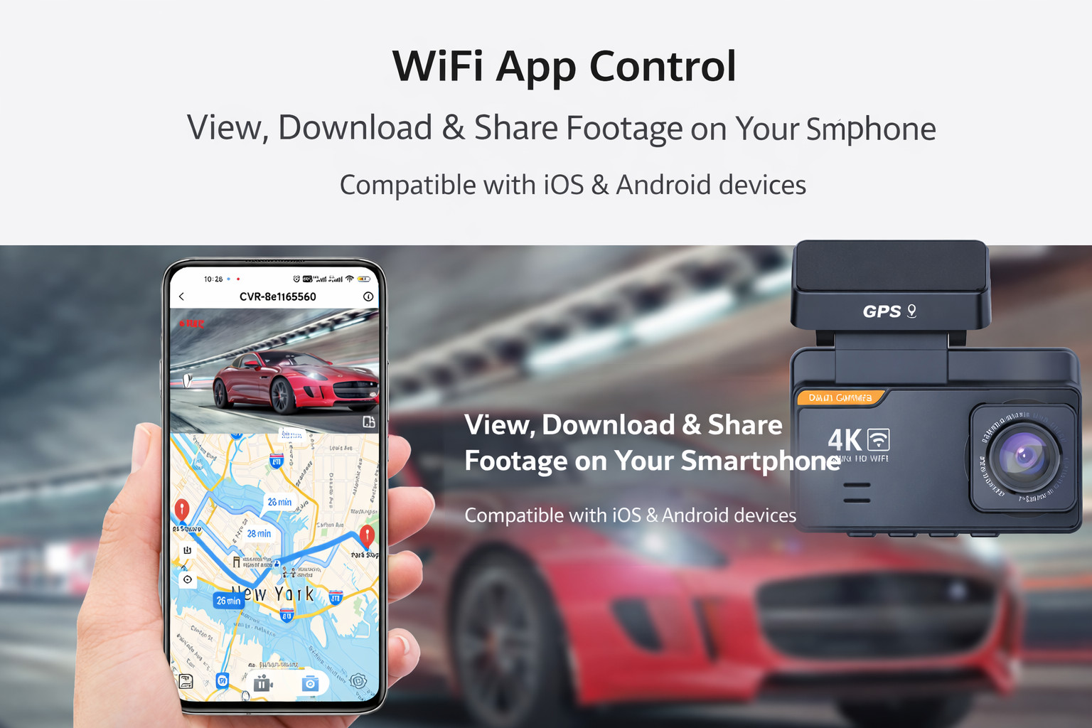 4K Dash Cam Front Rear WiFi GPS 64GB Hardwire Kit Dual Power Night Vision