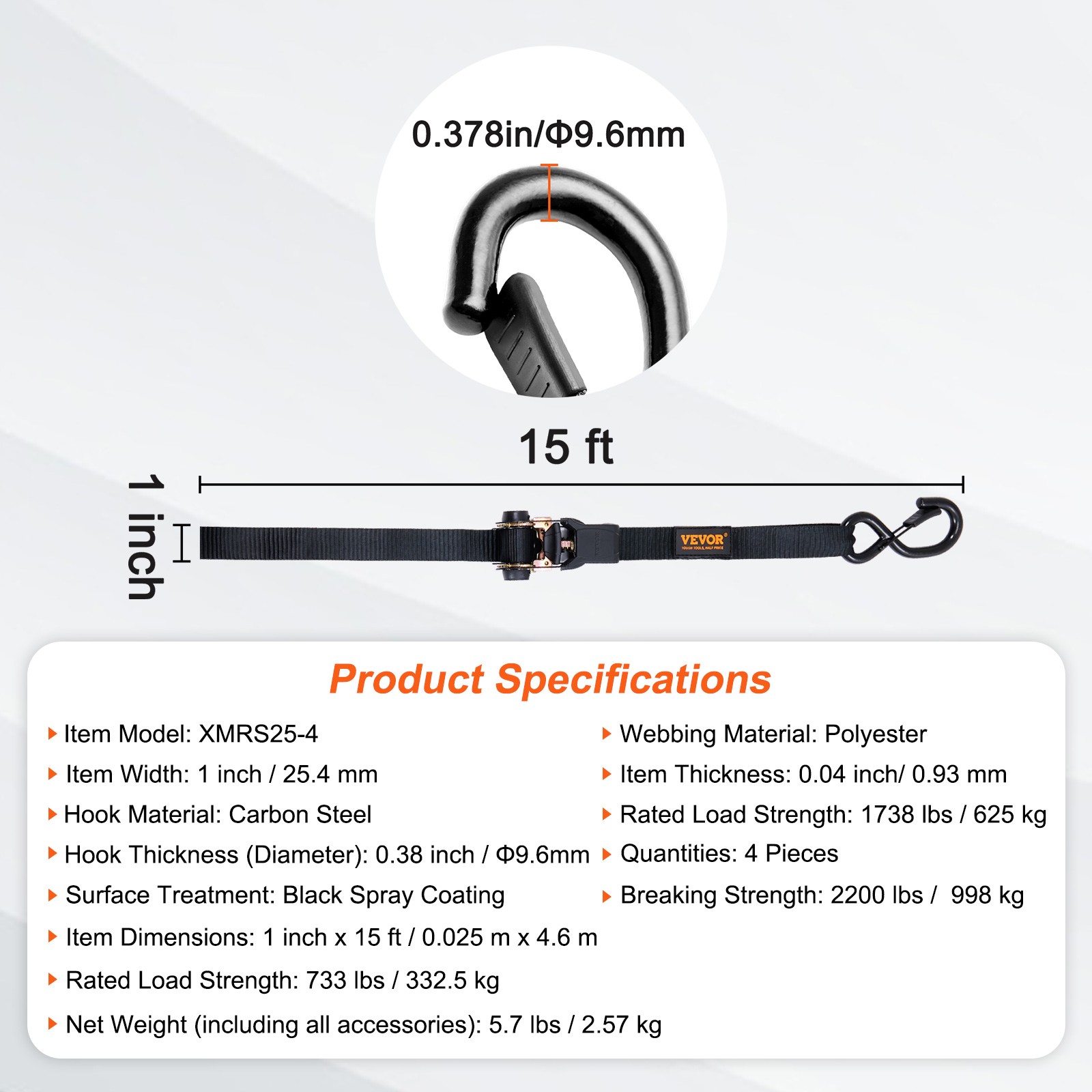 VEVOR 4 Pack Ratchet Tie Down Straps 2200 lbs 1"x15' Heavy Duty for Cargo