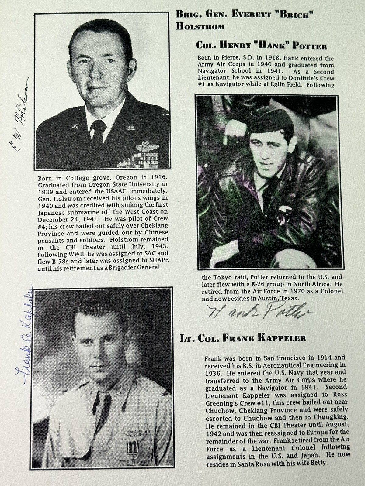 Signed Doolittle Tokyo Raiders Dinner Program - by Holstrom+Potter+Kappeler