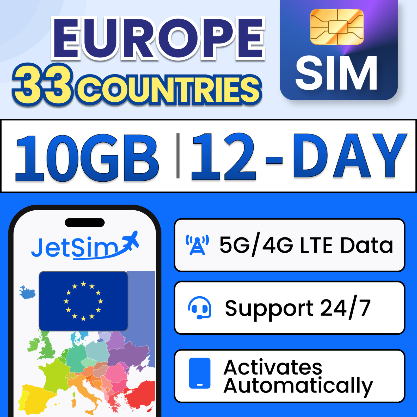 Europe SIM Card - 10GB High-Speed, 12 Day-Travel SIM