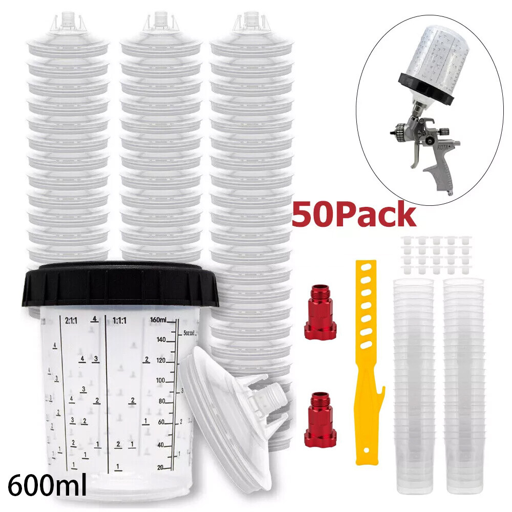 50 Pack PPS CUPS Disposable Paint Spray Gun Cup Liners and Lid System (125 Mic)