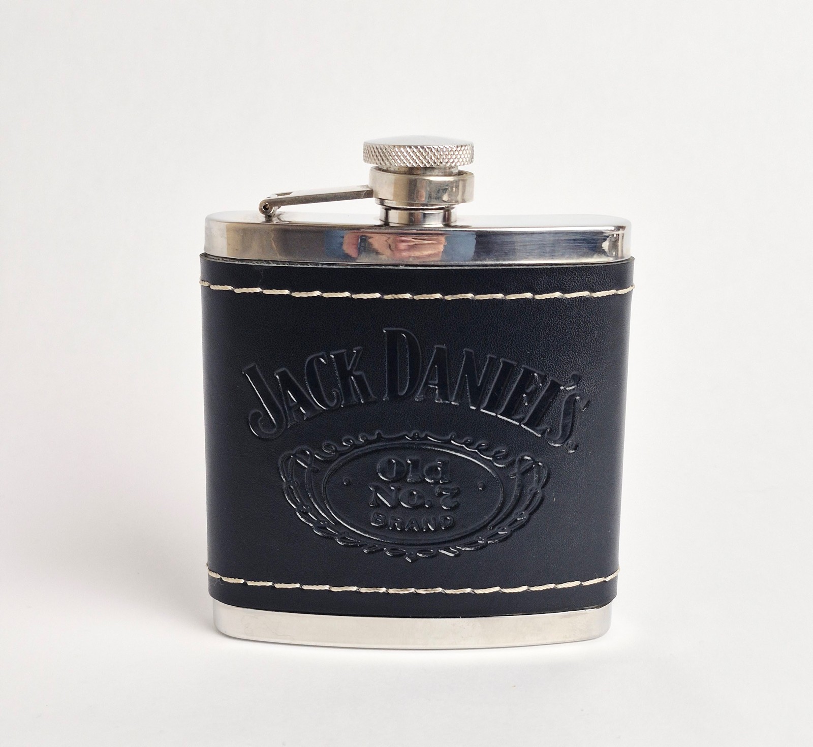 Jack Daniel's Old No. 7 Stainless Steel Hip Flask Black Leather Wrapped 6oz 2009