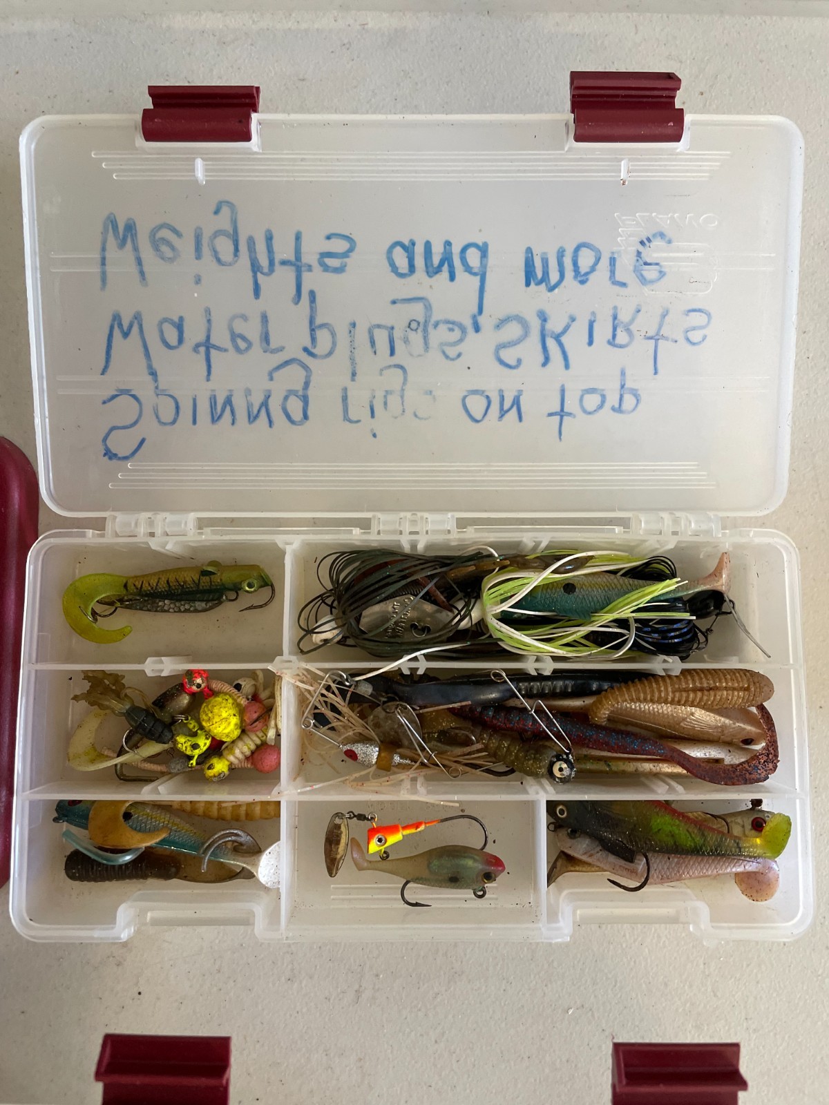 Plano Fishing Tackle Box Including Lot of Lures Hooks Weights Worms