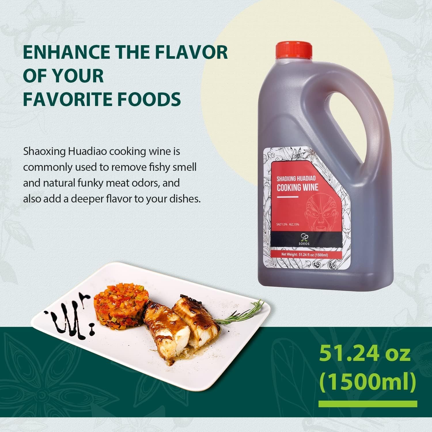 Soeos Shaoxing Cooking Wine, 51.24oz (1500ml), Chinese Cooking Wine, Shaoxing Hu