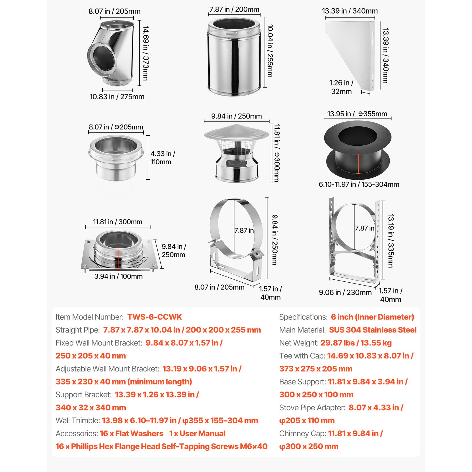 Uimoso 6-Inch Outdoor Chimney Kit with Adjustable Roof Bracket and Rain Cover