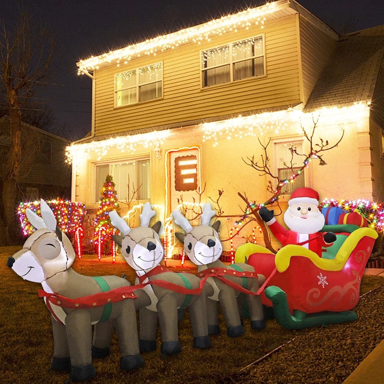 Spectacular 9.5 FT Inflatable Santa Claus with Sleigh & Reindeer - Outdoor Decor