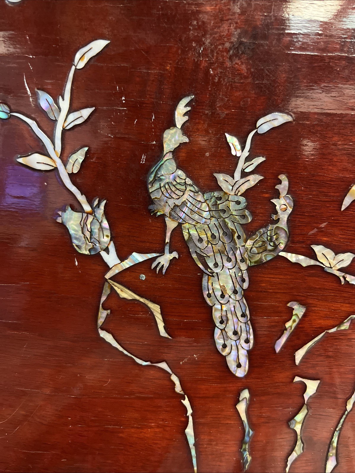 Asian Wood Inlayed Photo Album Abalone Shell Peacocks Flowers Music Book Vintage