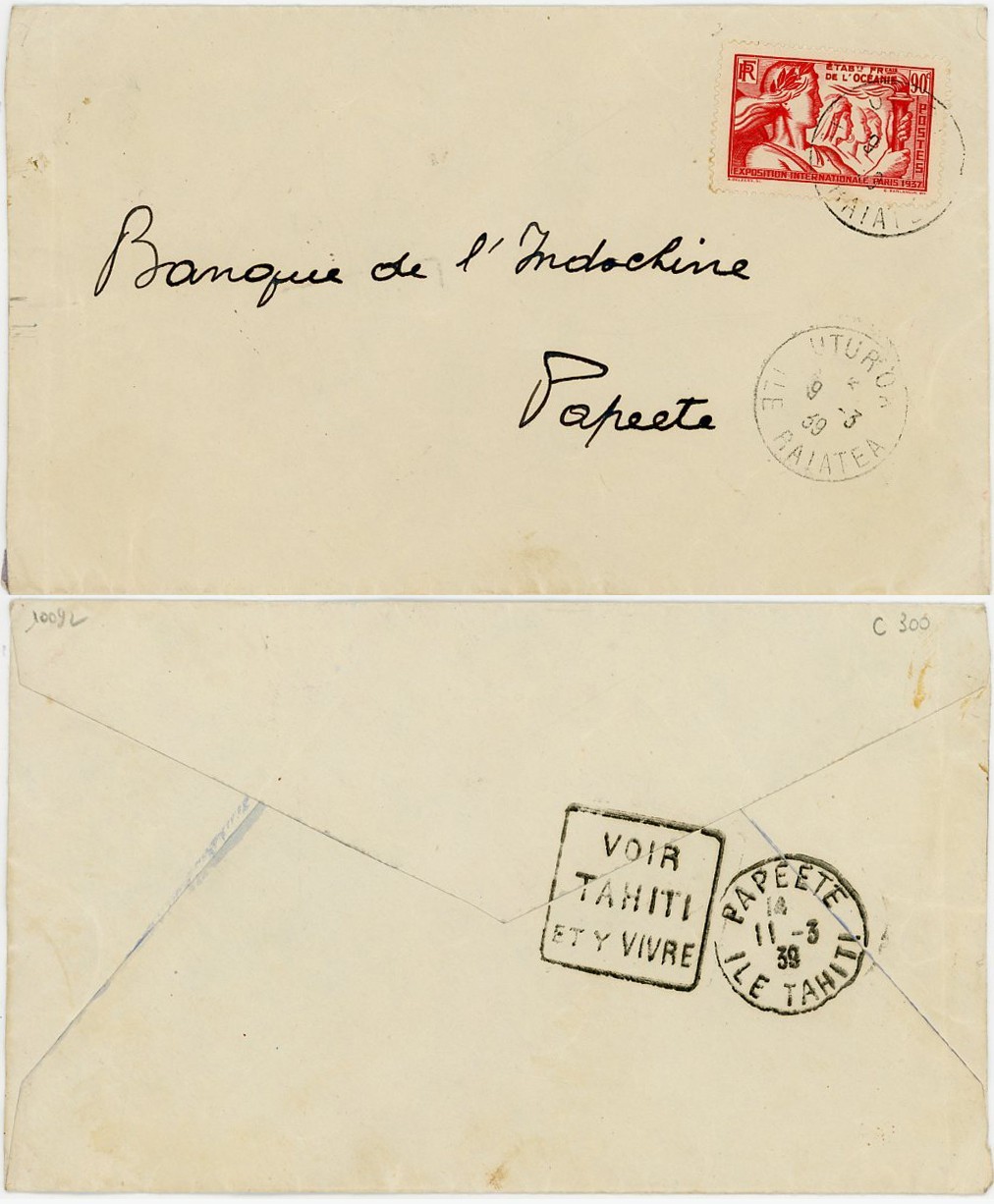 FRENCH POLYNESIA 1939 COVER UTUROA INTER ISLAND 90c SOLO FRANK SLOGAN SEE TAHITI