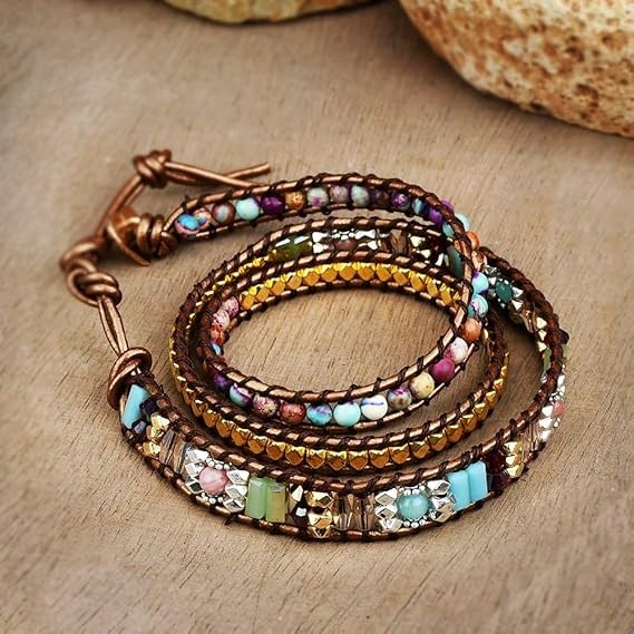 Natural Multilayer Jasper Copper 3 Strands Healing Braided Boho Wrap Bracelet