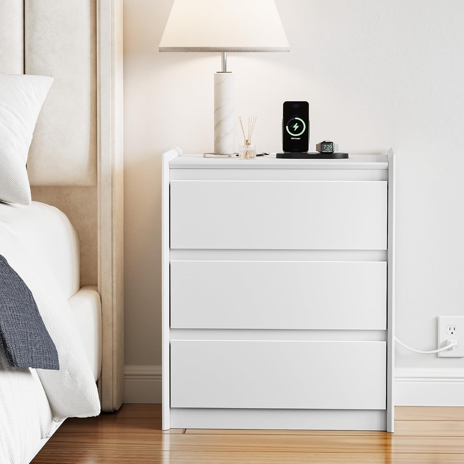 3-Drawer White Nightstand 24" Tall – Charging Station with USB/Type-C/AC Ports