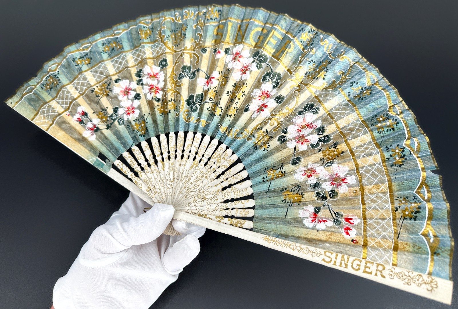 Singer Sewing Advertising Fan Antique Hand Painted Washi Japan 1921-1930