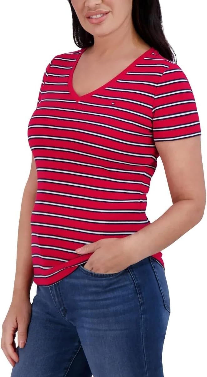 Tommy Hilfiger Women's V-Neck Short Sleeve Shirt, Red, Size S