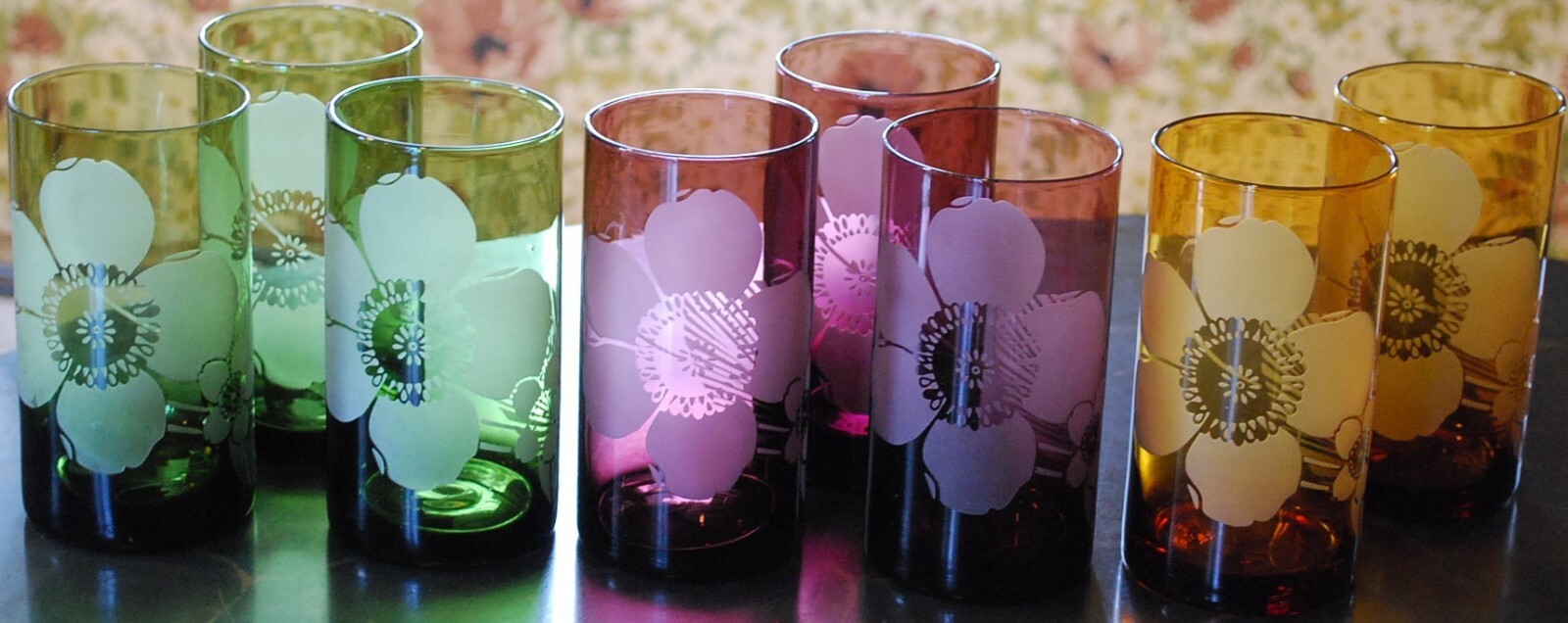 Vtg Set 8 PIER 1 Tumbler Glasses ETCHED FLOWER Hand Blown 6" Multicolor 20 Ounce