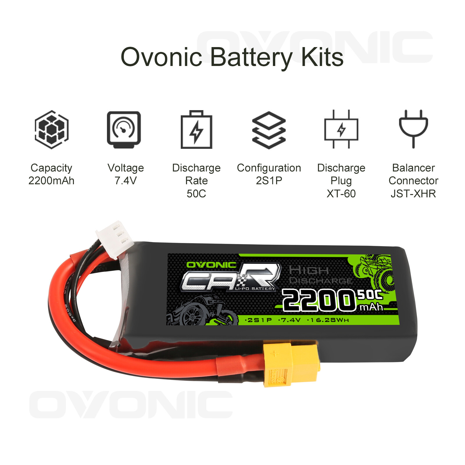 2X Ovonic 7.4V 50C 2200mAh 2S Lipo Battery XT60 Plug For 1/16 TRX RC Car Truck