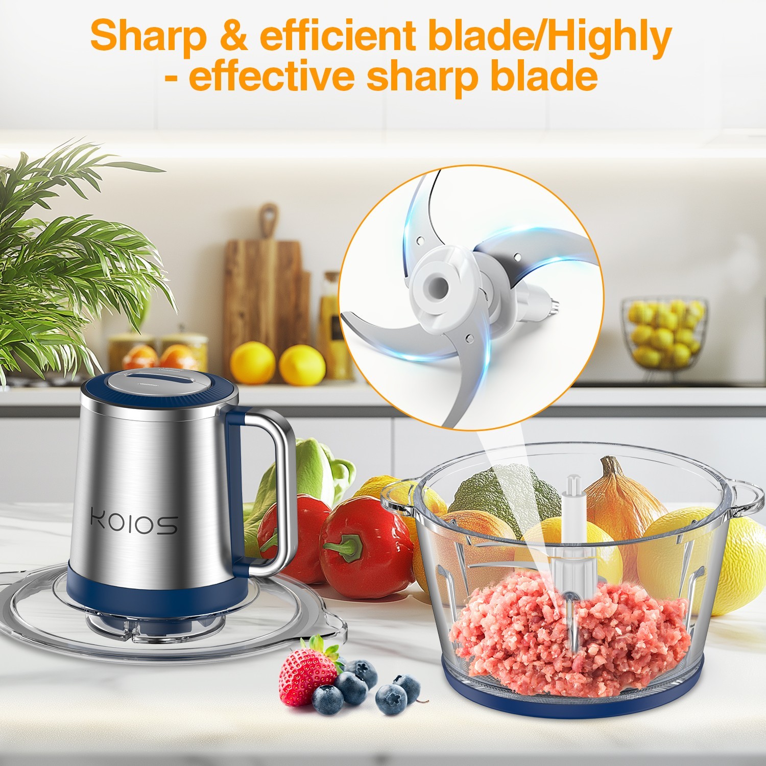 KOIOS Electric Food Processors Chopper w/8 Cup Glass Bowl Stainless Steel Blade