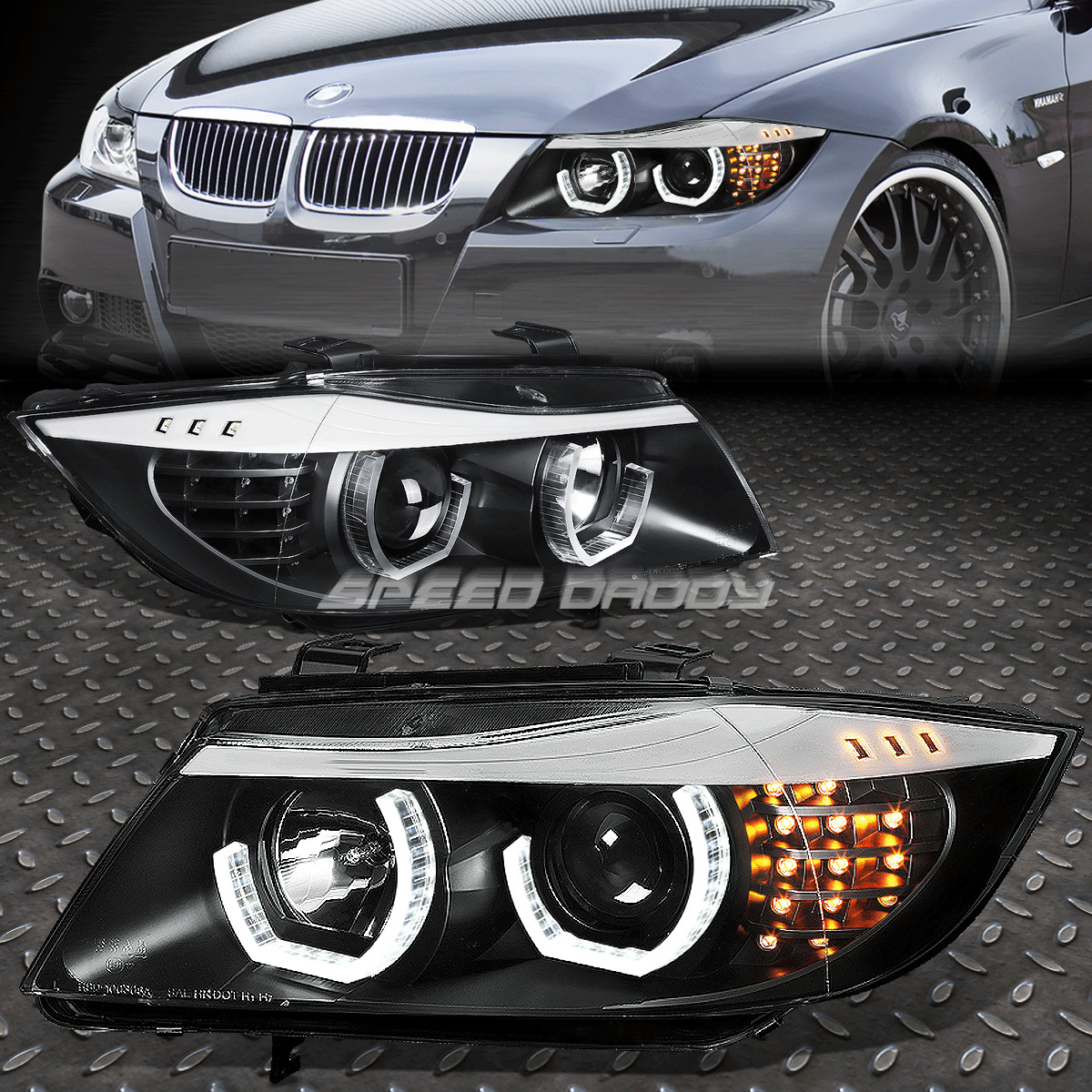 [3D U-Halo DRL+LED Signal] For 09-12 BMW E90 3-Series Projector Headlights Black