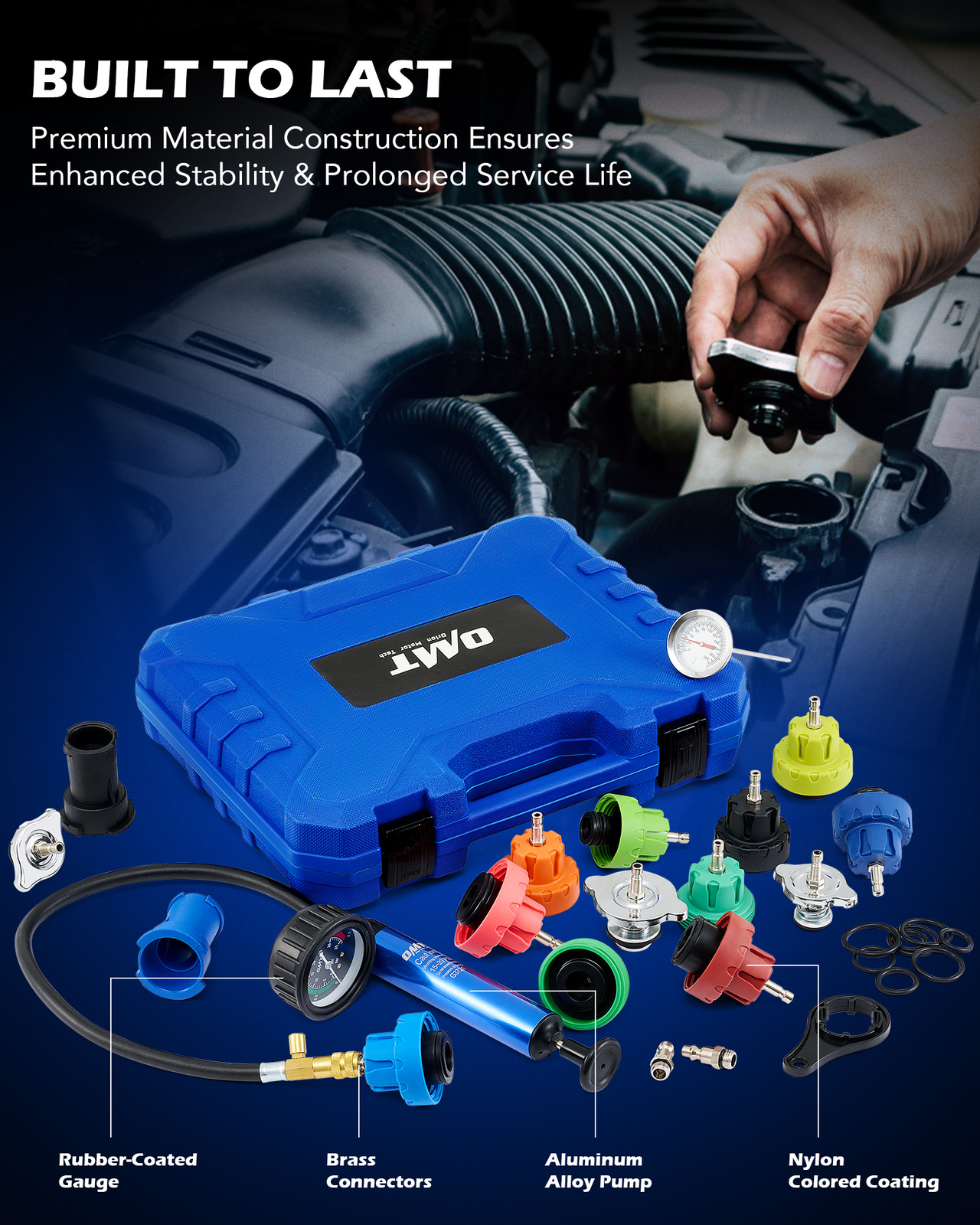 OMT 19pc. Coolant Pressure Tester Kit with 15 Radiator Adapters & Vacuum Pump