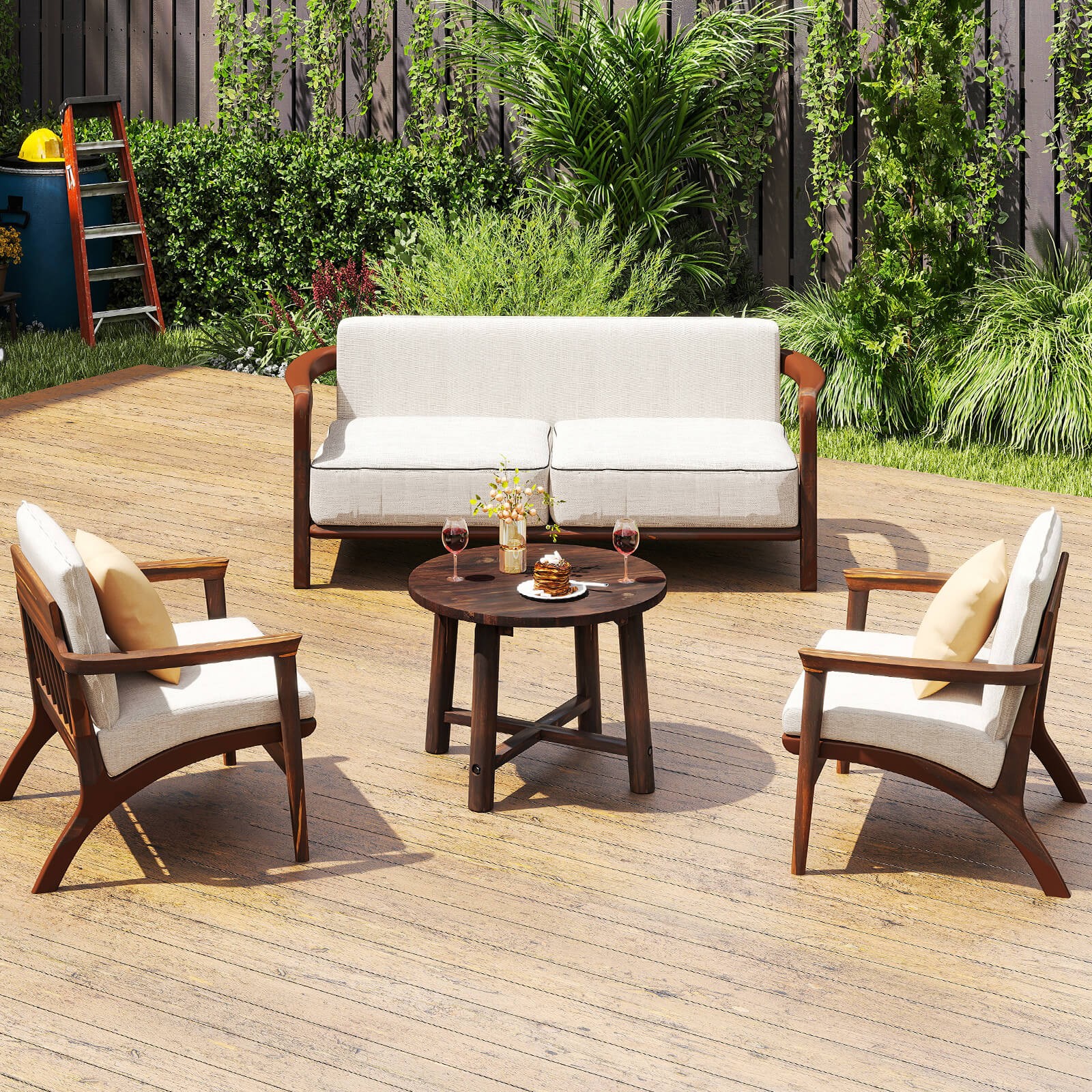 Outdoor Side Table w/ Solid Wood Structure Small Round Coffee Table for Garden