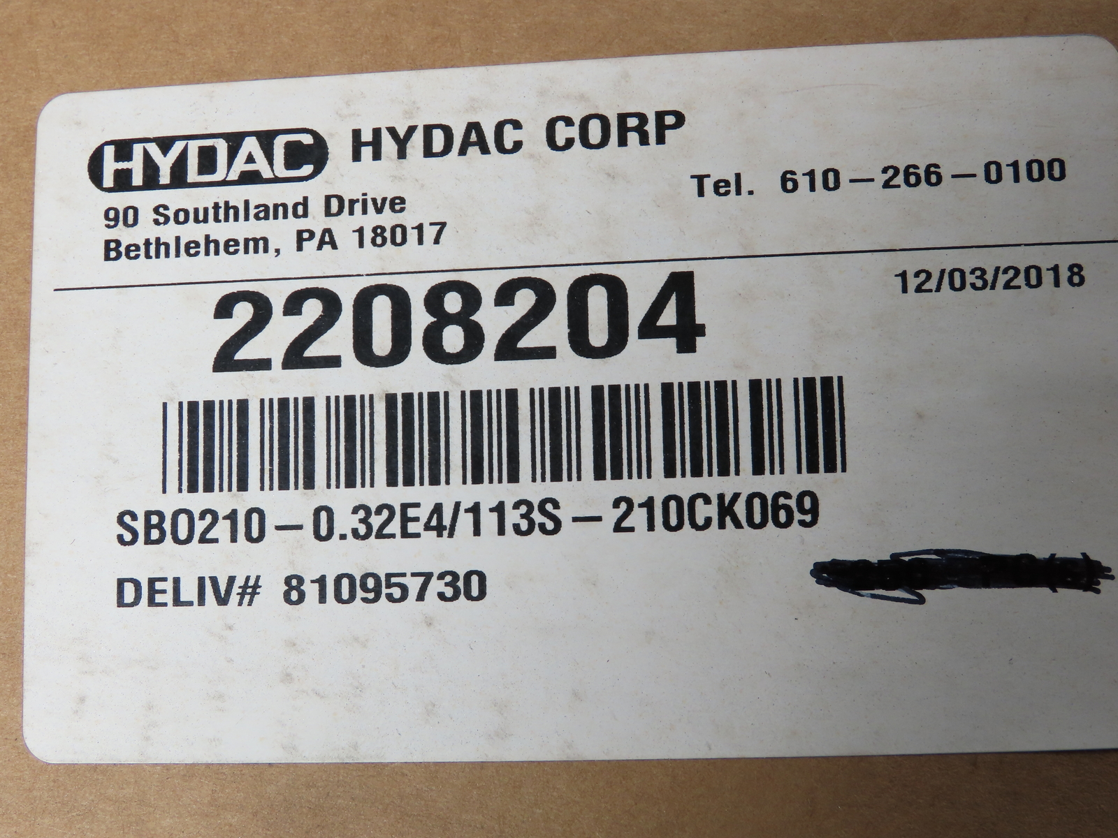 Hydac 2208204/113/069 Diaphragm Accumulator MAWP 3000 PSI 20 Cu.In. SAE 1/2-8