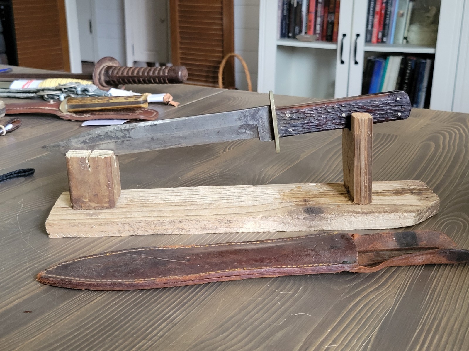 WWI Era Stag Handle Fred Biffar Chicago Ill. Bowie Knife/Side Knife w/Org Sheath