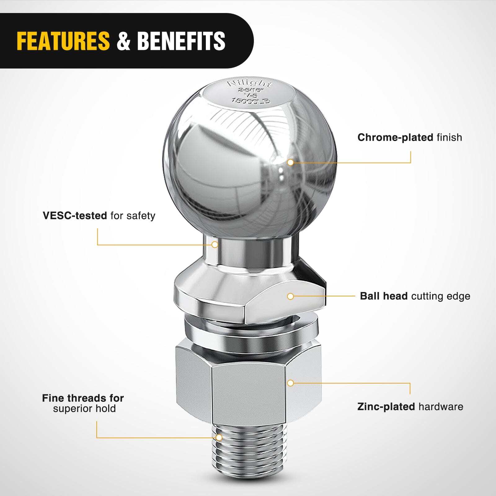 Nilight 2-5/16Inch Chrome Trailer Hitch Ball 1-1/4inch x 2-5/8inch Shank Gray