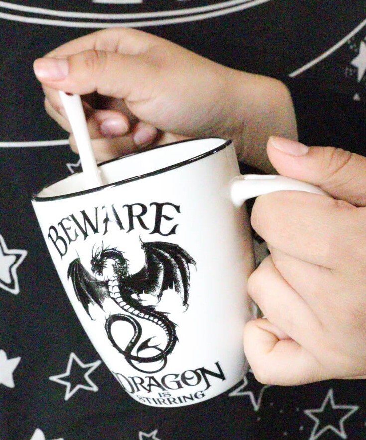 Ebros Altar Drake Beware Dragon Is Stirring Cocoa Tea Coffee Cup Mug & Spoon Set