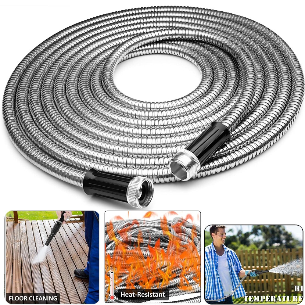 25/50/75/100FT 304 Stainless Steel Metal Garden Water Hose Flexible Patio Home
